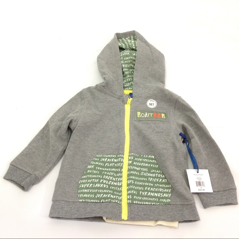 Miniville 2 Piece Shirt Hoodie Gray Dinosaur